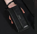 Men's black PU leather long wallet with multiple card slots, shown next to a brown version.