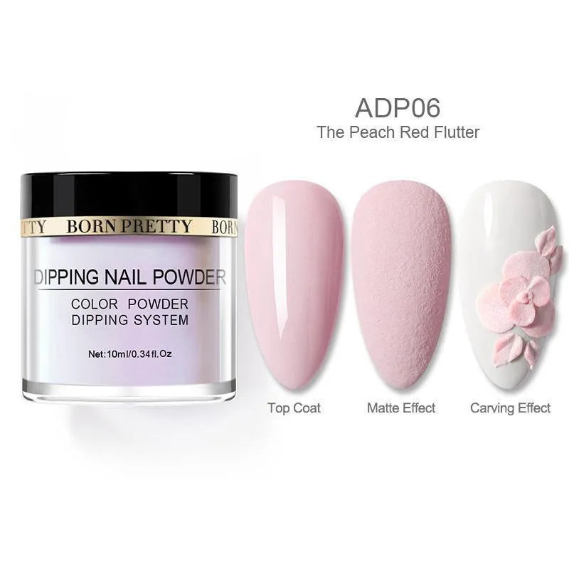 10 ml nail dipping powder set in holographic nude pink with gradient french nail effect and ten basic colour pots