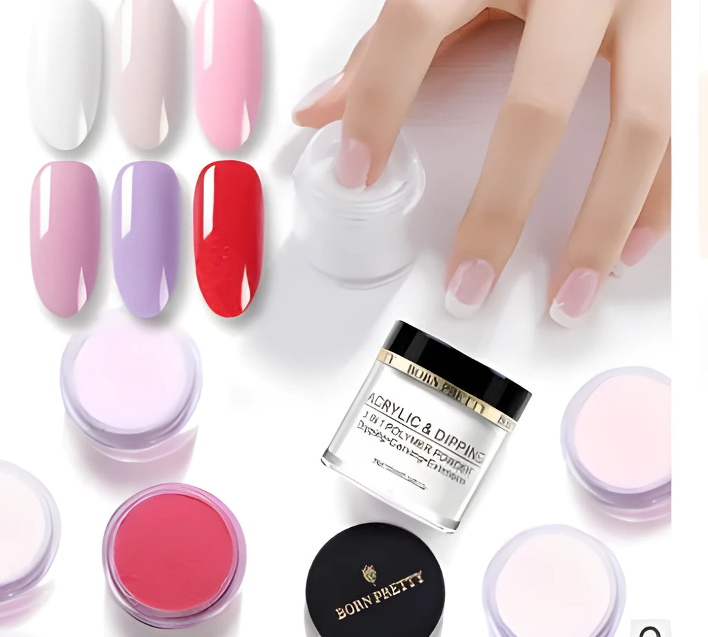 10 ml nail dipping powder set in holographic nude pink with gradient french nail effect and ten basic colour pots