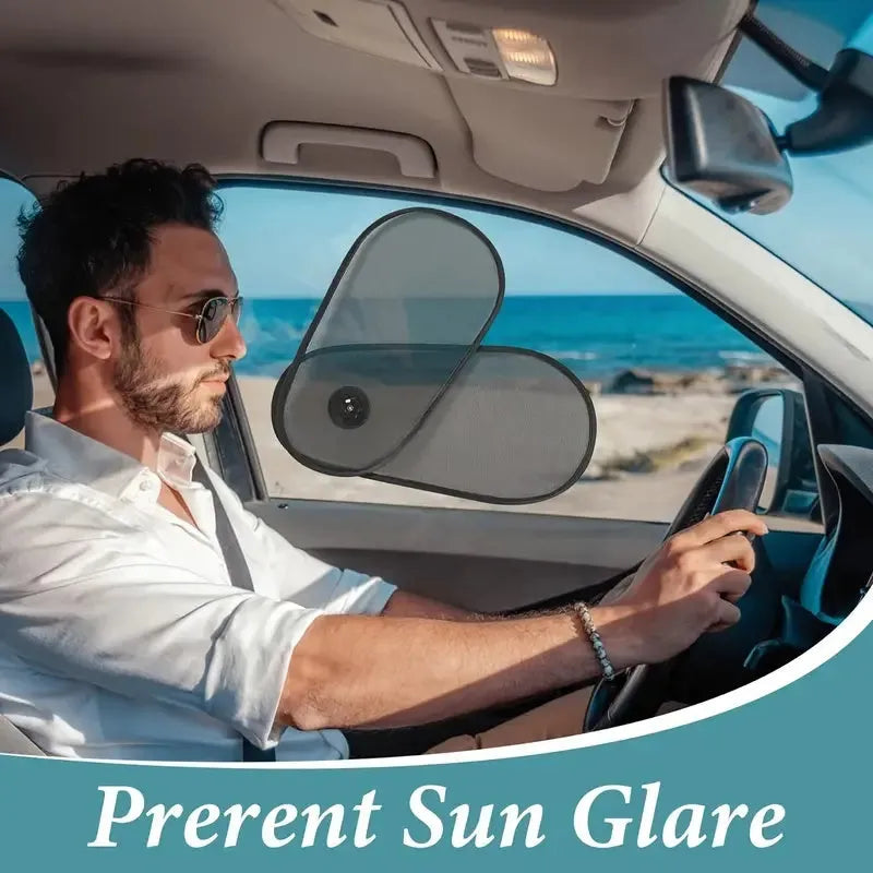 Black breathable car window shades with suction cups stretched across vehicle side window