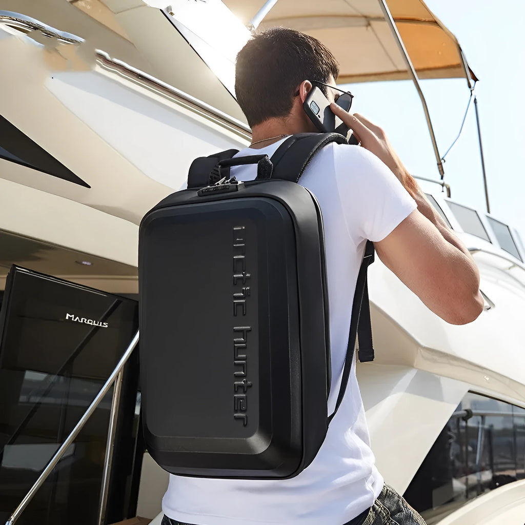 Black anti-seismic hard shell anti-theft backpack with letter design for college students, 18 inch size