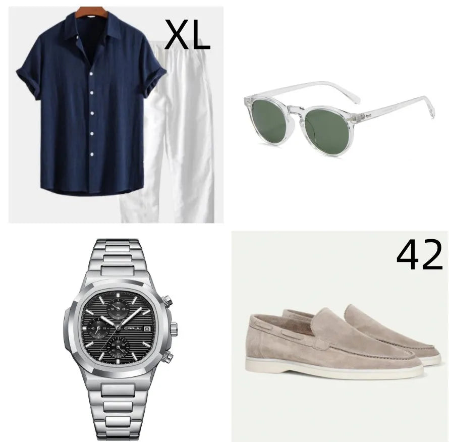 Navy blue casual cotton linen short sleeve summer suit with glasses, shoes, and watch accessories