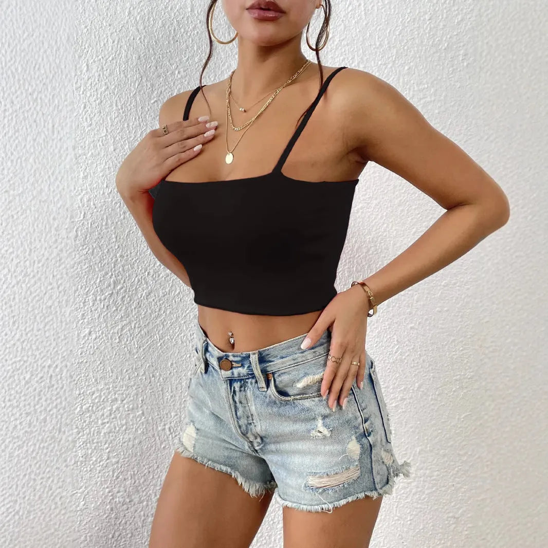 Women's polyester crop top camisole in white solid colour slim fit street style
