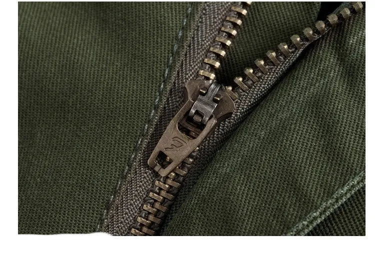 Khaki cotton loose fit multi-pocket trousers overalls with straight leg and zipper placket