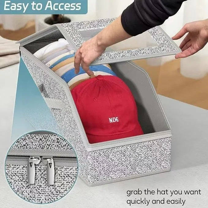 Grey foldable woven fabric storage box with lid, shown with dimensions 42cm by 22cm by 17cm.