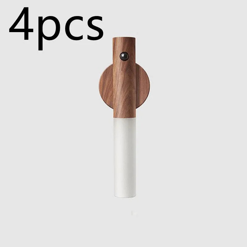 Auto LED USB magnetic wood night light with PIR motion sensor on wall, warm light