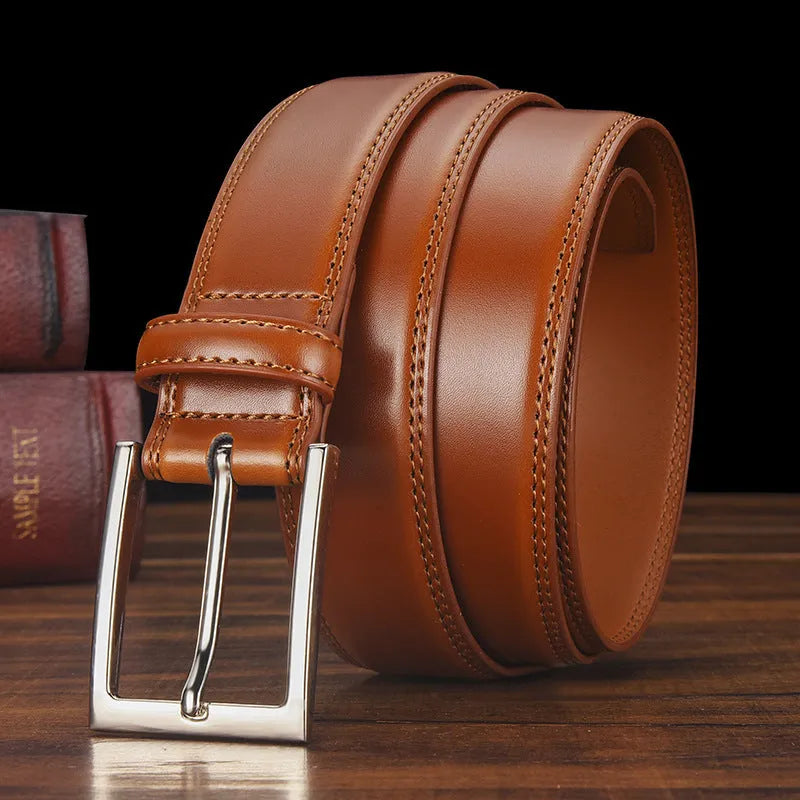 Men's leather belt with alloy pin buckle in genuine cowhide showing classic black colour option