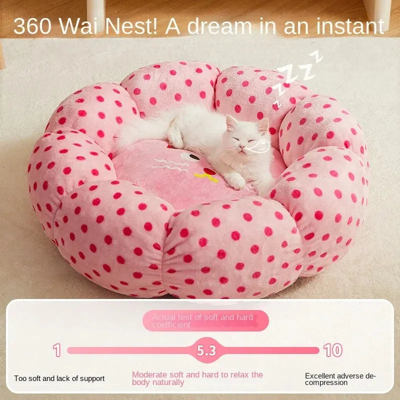 Pink dotted fabric cat bed shown in two circular sizes: 45cm and 65cm diameter.