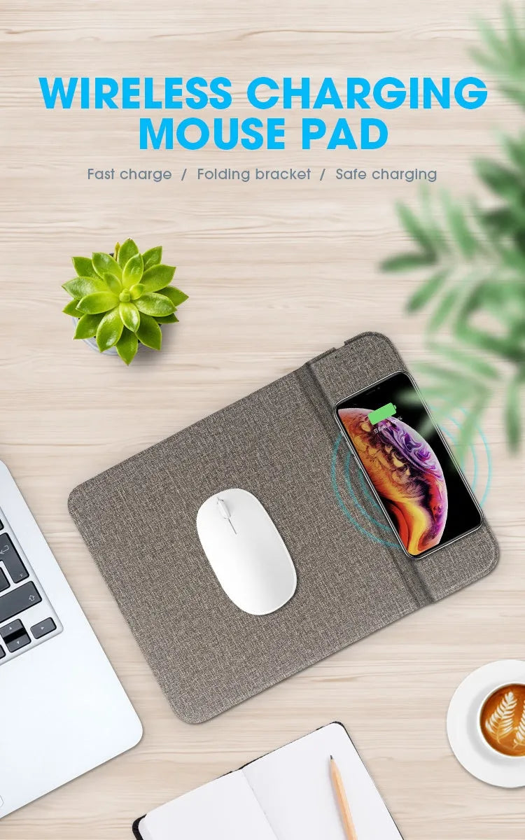 Foldable cloth phone holder with wireless charging, shown upright with a phone on it.