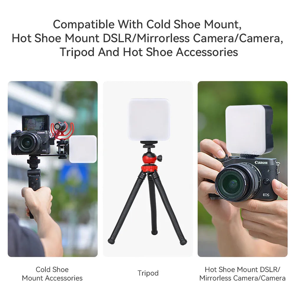 Small square universal camera flash unit with hot shoe mount and rotatable head.