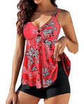 Plus size two-piece printed swimsuit set with suspender skirt and boxer bikini in black showing high waist and triangle top.