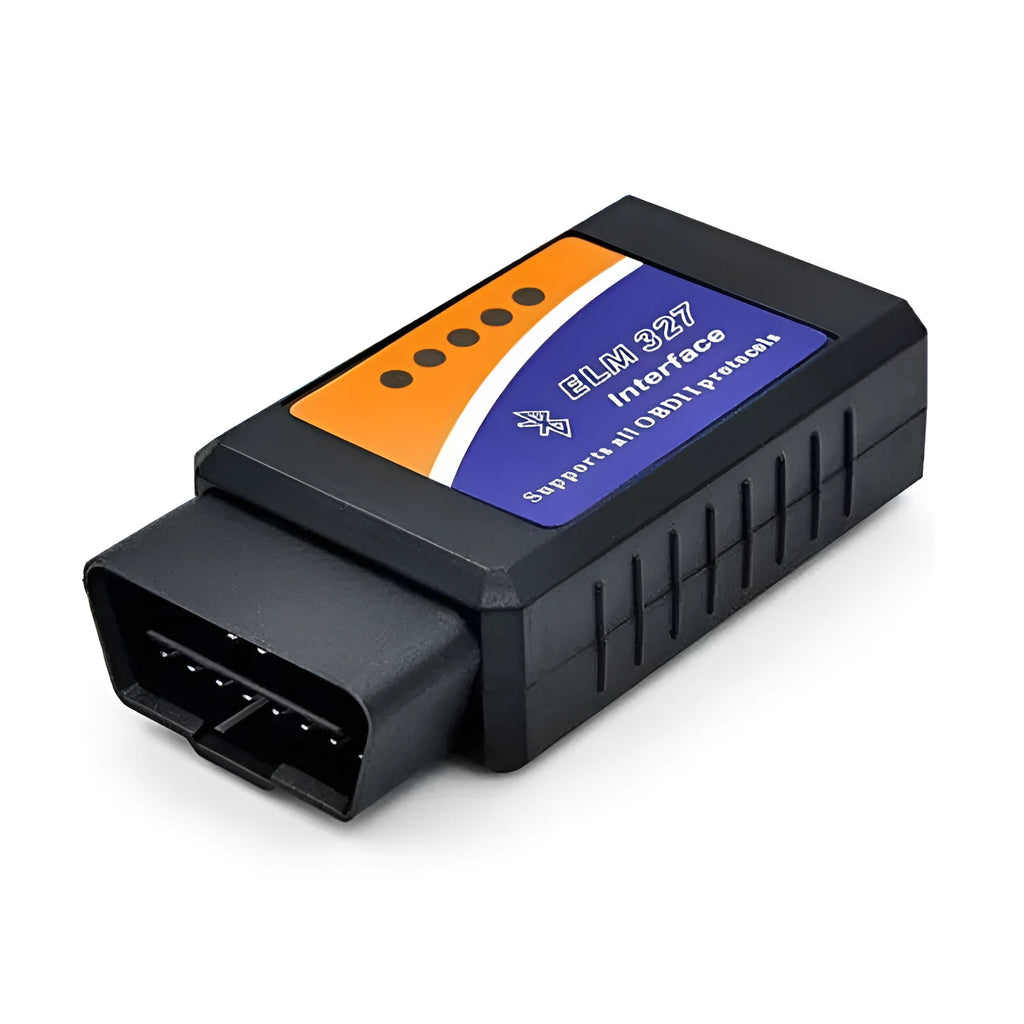ELM327 Bluetooth OBD2 car diagnostic scanner plugged into a vehicle port
