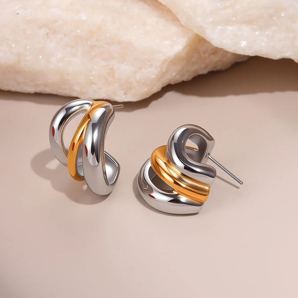 Stainless steel geometric earrings for women with 18K gold and silver colour matching round ring line design