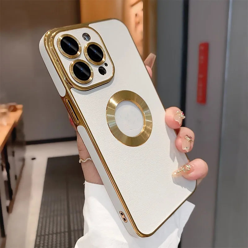 Imitation leather hollow-out electroplated phone case for Apple iPhone in dark purple colour