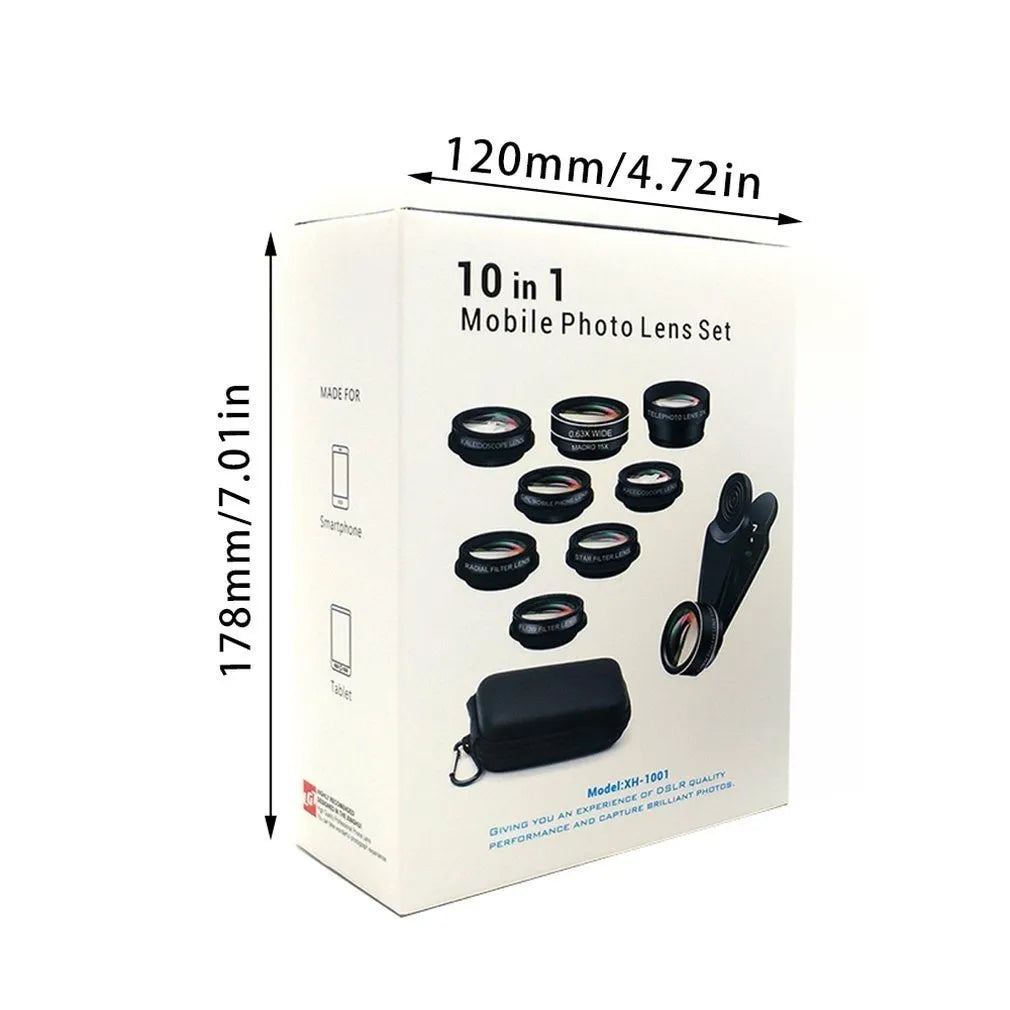Black 10-in-1 mobile phone lens set with fisheye lens and aluminum-magnesium alloy housing