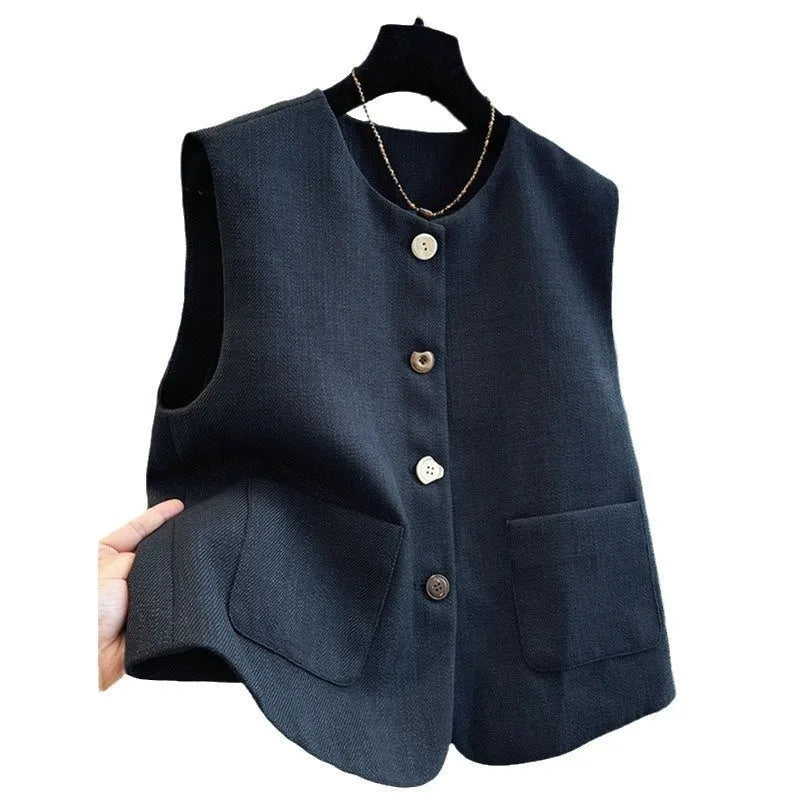 Women's sleeveless round neck vest in black, showing French bandage dress style.