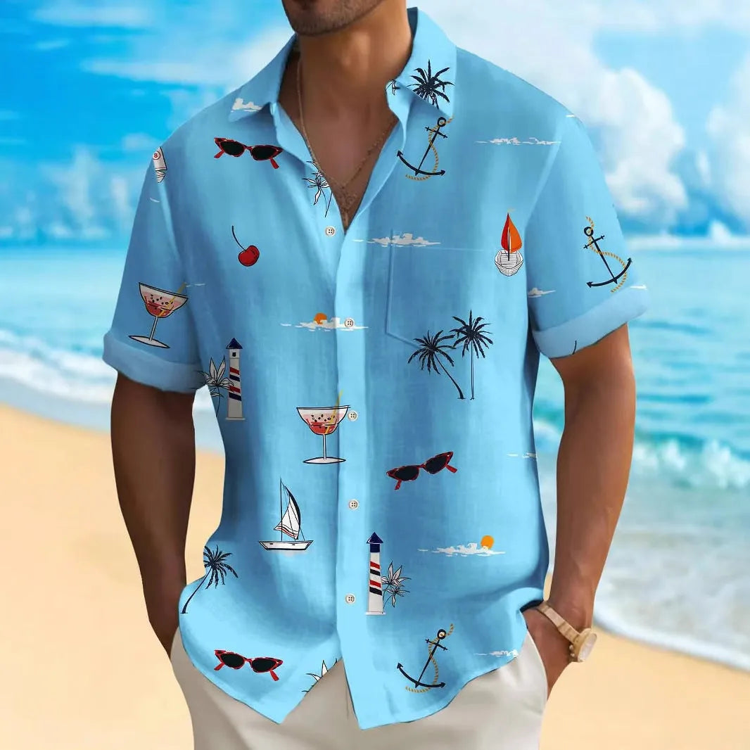 Men's loose fit Hawaiian shirt with digital printing pattern in multiple colour options
