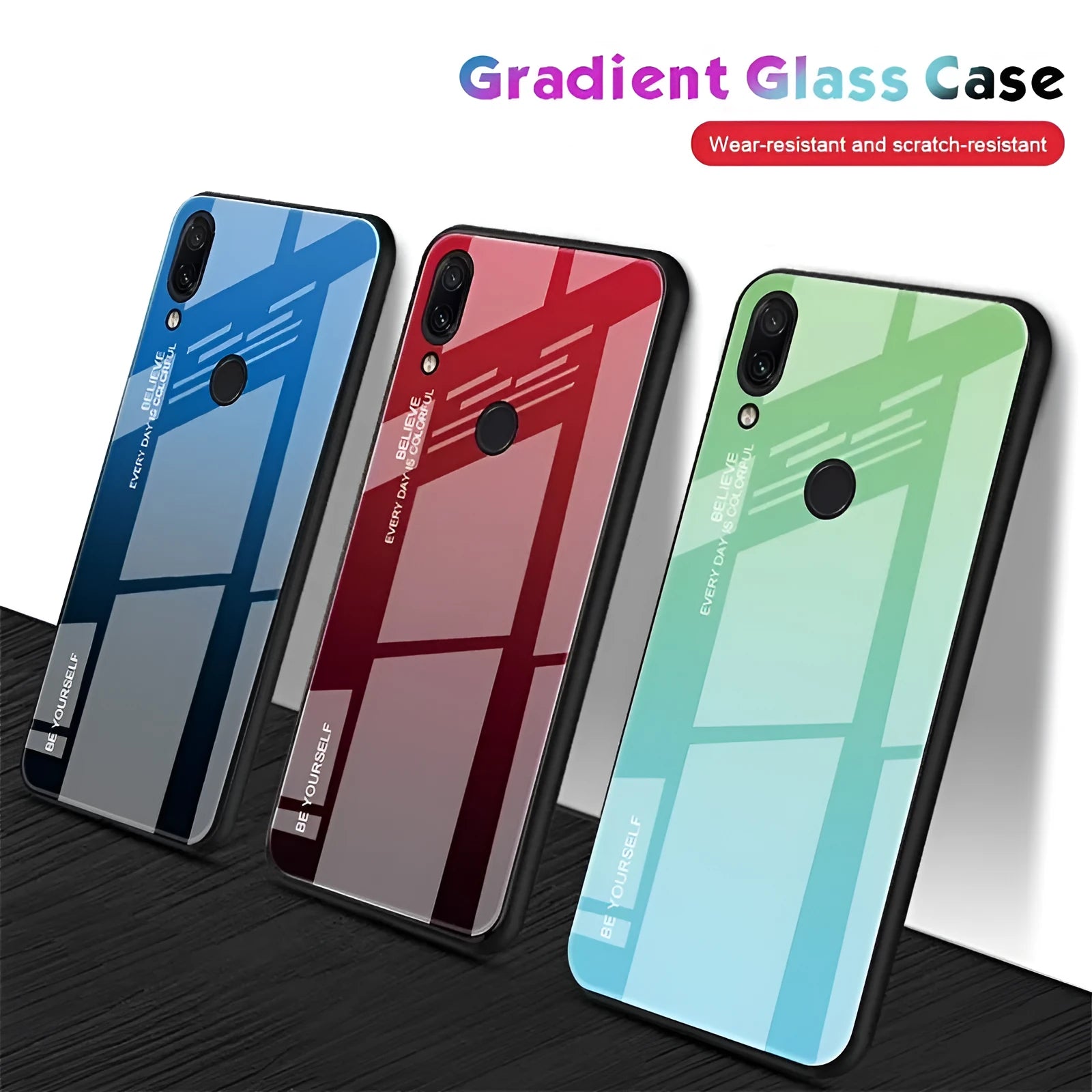 Gradient colour phone case with tempered glass back for Redmi smartphones showing colour transition