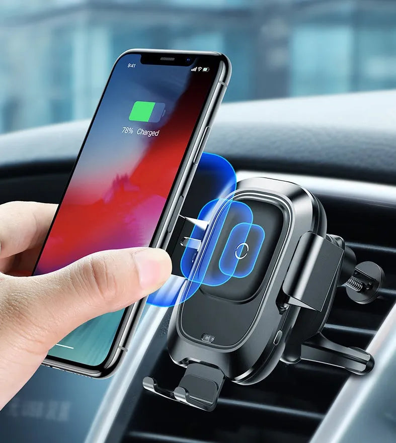 Black wireless charging car phone holder mounted on an air outlet vent for 4.0-6.5 inch mobiles with smart sensor bracket.