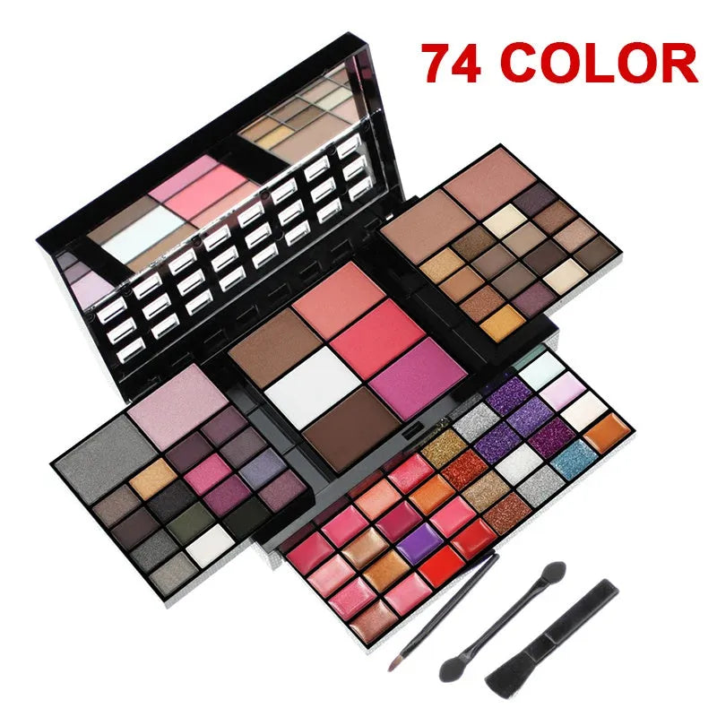 74 colour makeup palette open showing four layers of eyeshadow, lip gloss, blush and contour powders with included brushes.
