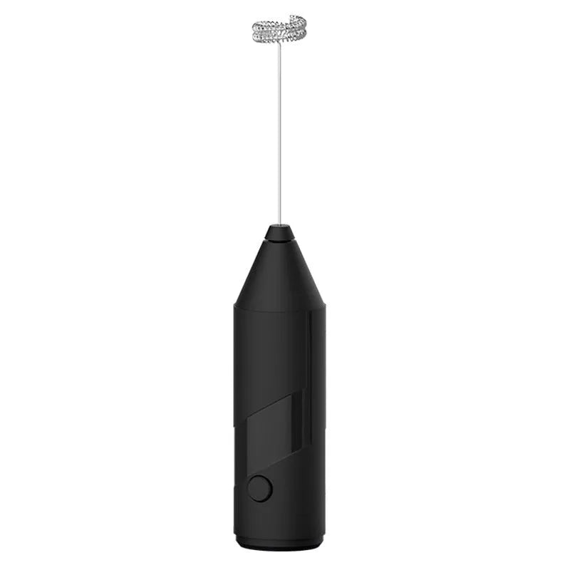 Mini handheld electric milk frother with stainless steel whisk in black, white, and khaki colour options.