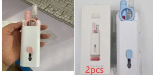 Multifunctional cleaning kit with a double-headed pen, retractable brush, and spray bottle on a white background