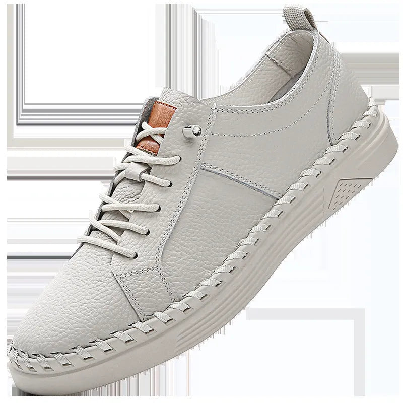 First layer cowhide men's casual sneakers round toe stitching detail beige colour