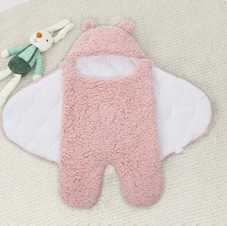 Baby hugging bag cotton lamb wool swaddling quilt in blue thickened version, 80x85cm size, on a soft surface