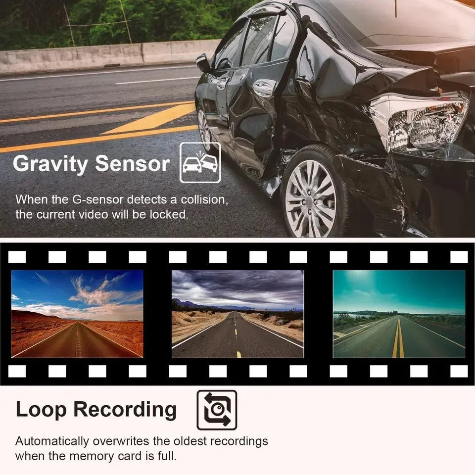 Black car recorder with 1080P HD recording, 170-degree wide-angle lens, and touch controls