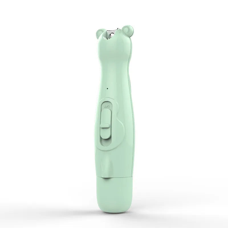 Electric baby nail clippers trimmer with green ABS shell, USB charging cable, and six grinding heads on a white background