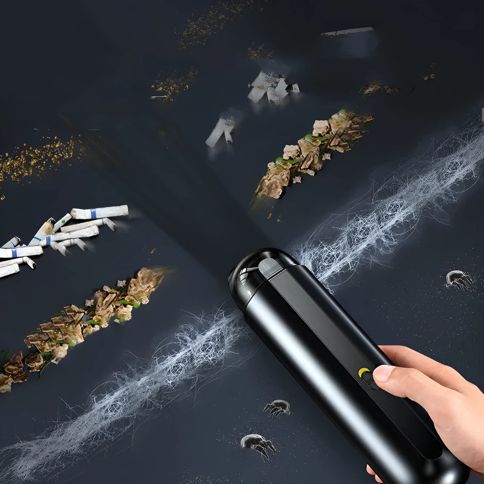 Wireless handheld car vacuum cleaner with blowing hose and HEPA filter.