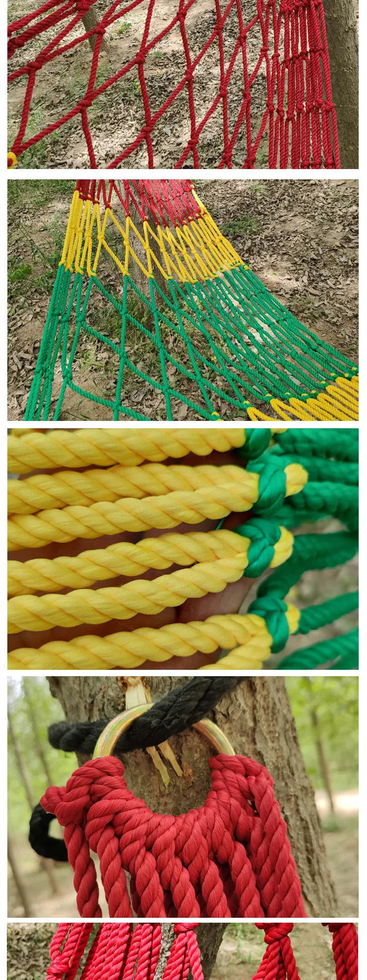 Outdoor nylon rope mesh hammock hanging between trees showing mesh construction and tying ropes