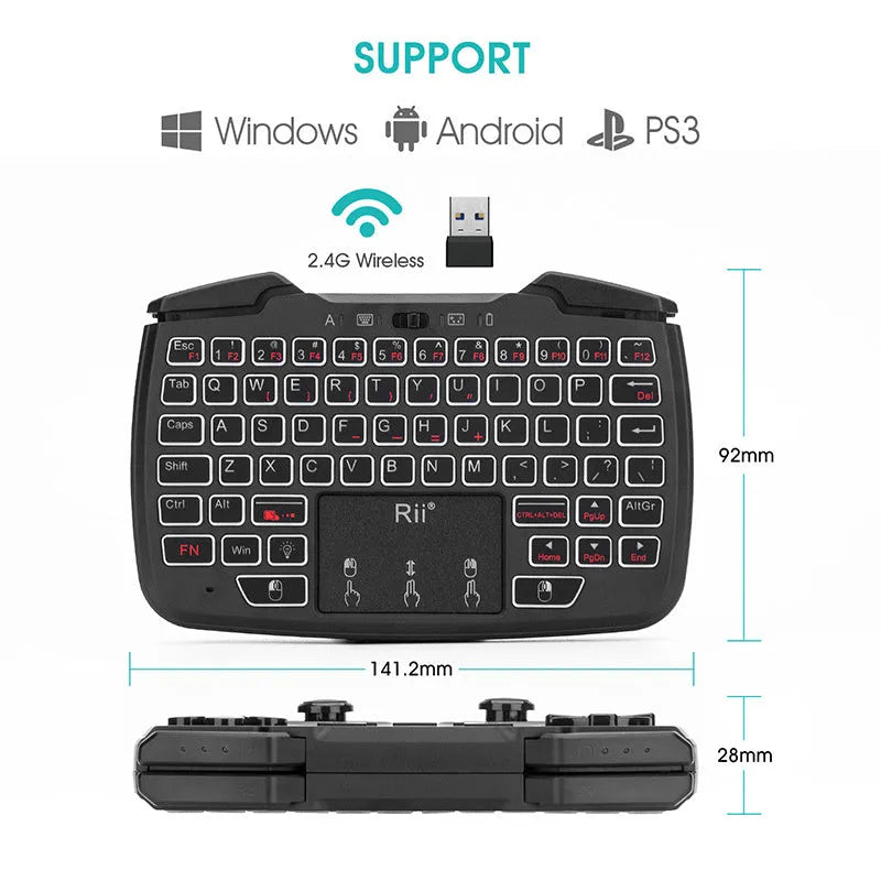 Black wireless mini keyboard with USB connection and ergonomic support, compact design without multimedia keys.