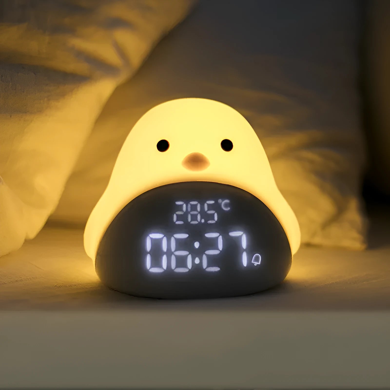 Time Bird multi-functional electronic smart clock in yellow with cartoon bird design, LED display showing time and temperature, USB model