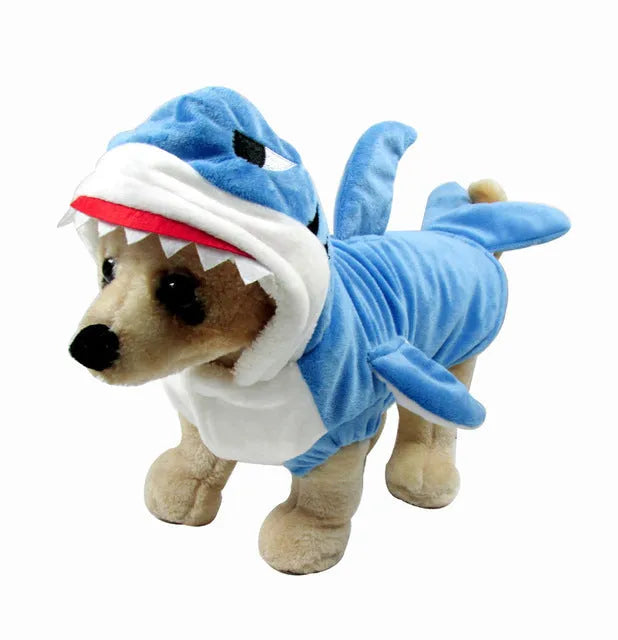 3D shark suit cosplay costume in blue or grey shearing fabric with embroidered eyes and zigzag-cut mouth