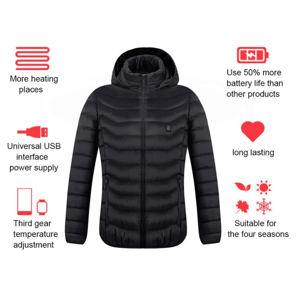 Men's USB heated jacket with detachable hood, shown in black, featuring zip-up front and elastic cuffs.
