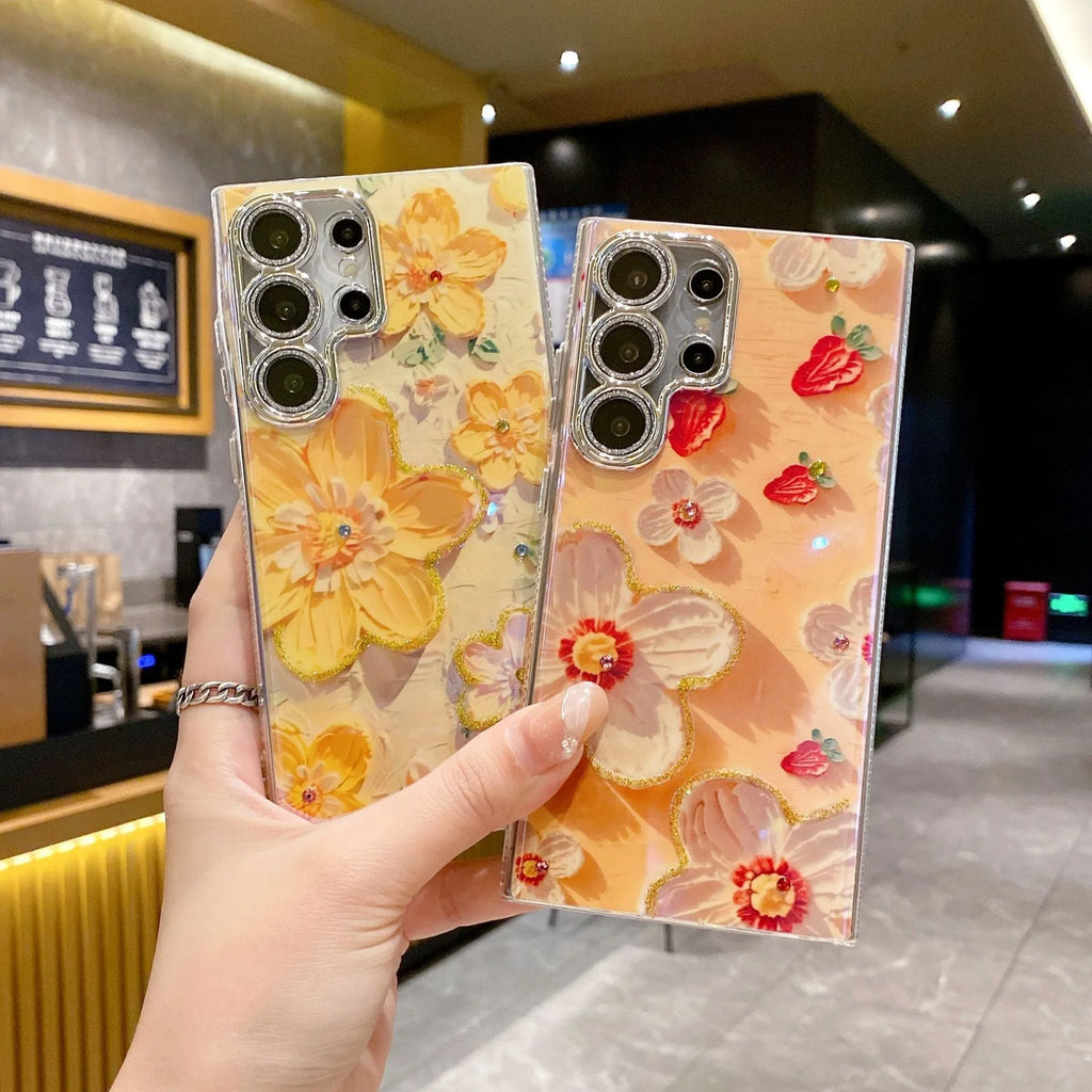 Rhinestone oil painting flower Samsung phone case, TPU acrylic anti-wear back cover with lens fine hole and electroplated finish