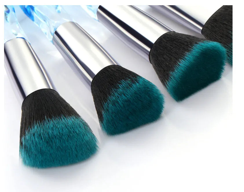 Ten crystal handle foundation brushes with artificial fibre bristles in a set, showing colour options.