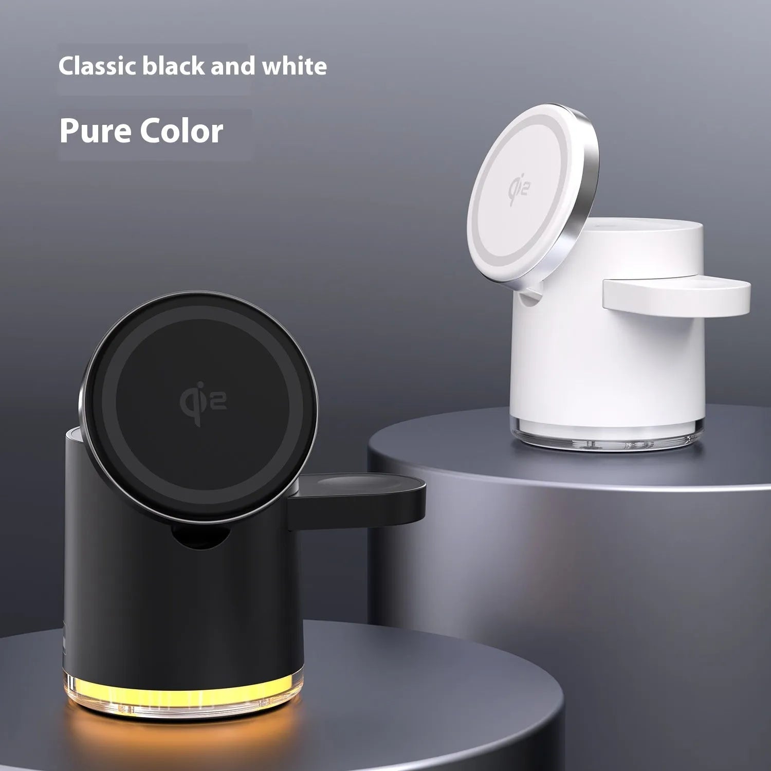 C16 folding three-in-one magnetic wireless charger in black or ivory white, charging a phone, watch and earphones.