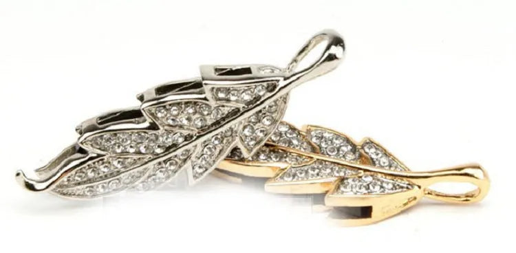 Silver metal USB flash drive with crystal jewellery leaf maple leaf design showing dimensions