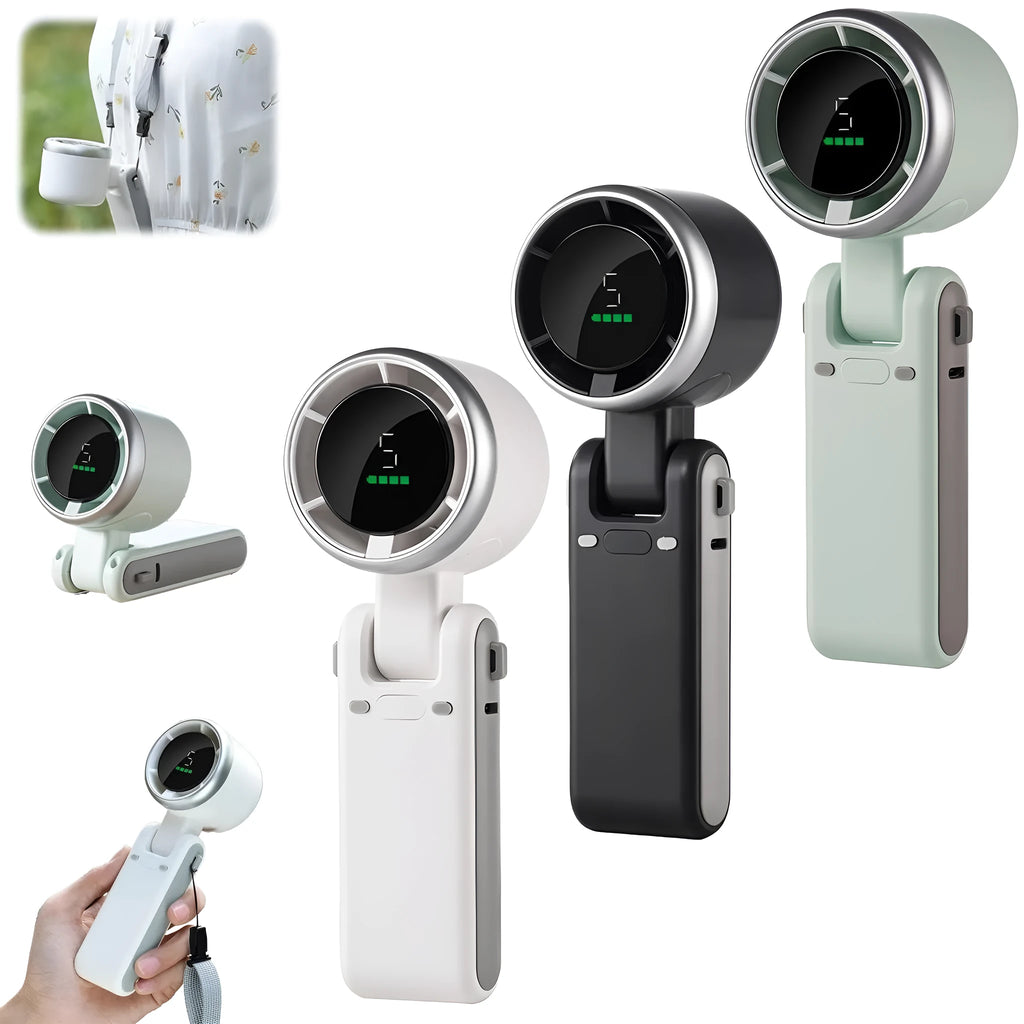 Folding handheld turbo fan in black with 180-degree tilt, compact plastic design