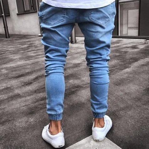 Men's stretchy ripped biker jeans, slim fit, black, with ripped knee detail, sizes S to 4XL.