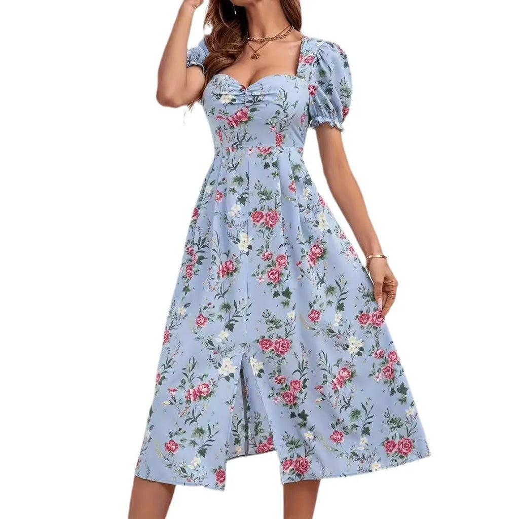 Blue printed bubble short sleeve dress with mid-waist and mid-length skirt for women