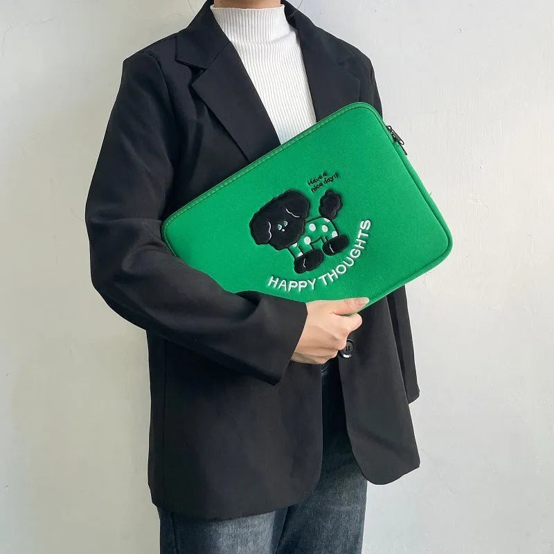 Cute laptop inner bag with animal pattern, green cat design, polyester material, anti-fall shockproof, fits 13.3-15.6 inch notebooks