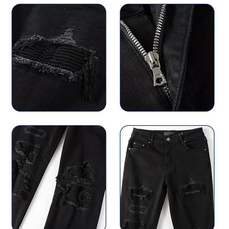 Black Patch Pleated Jeans For Men Cotton 98% Micro-elastic Double Waistband Zipper Placket Casual Trousers Black Asian Sizes 28-40