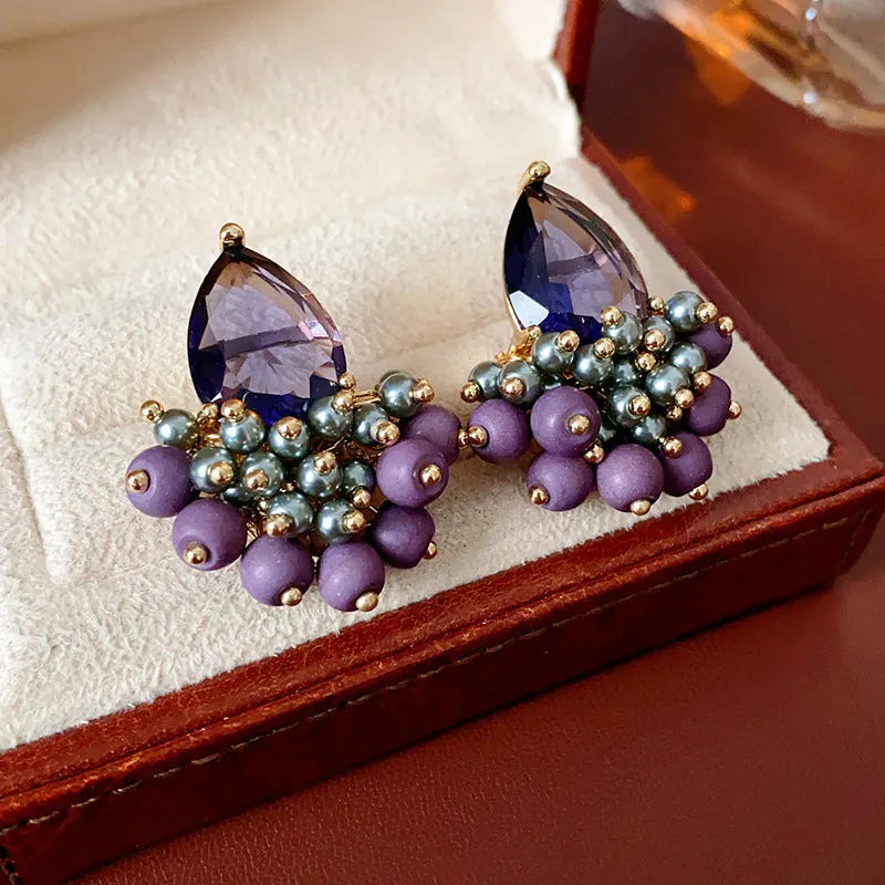 Retro alloy zircon tassel earrings in purple droplet colour with silver needle post