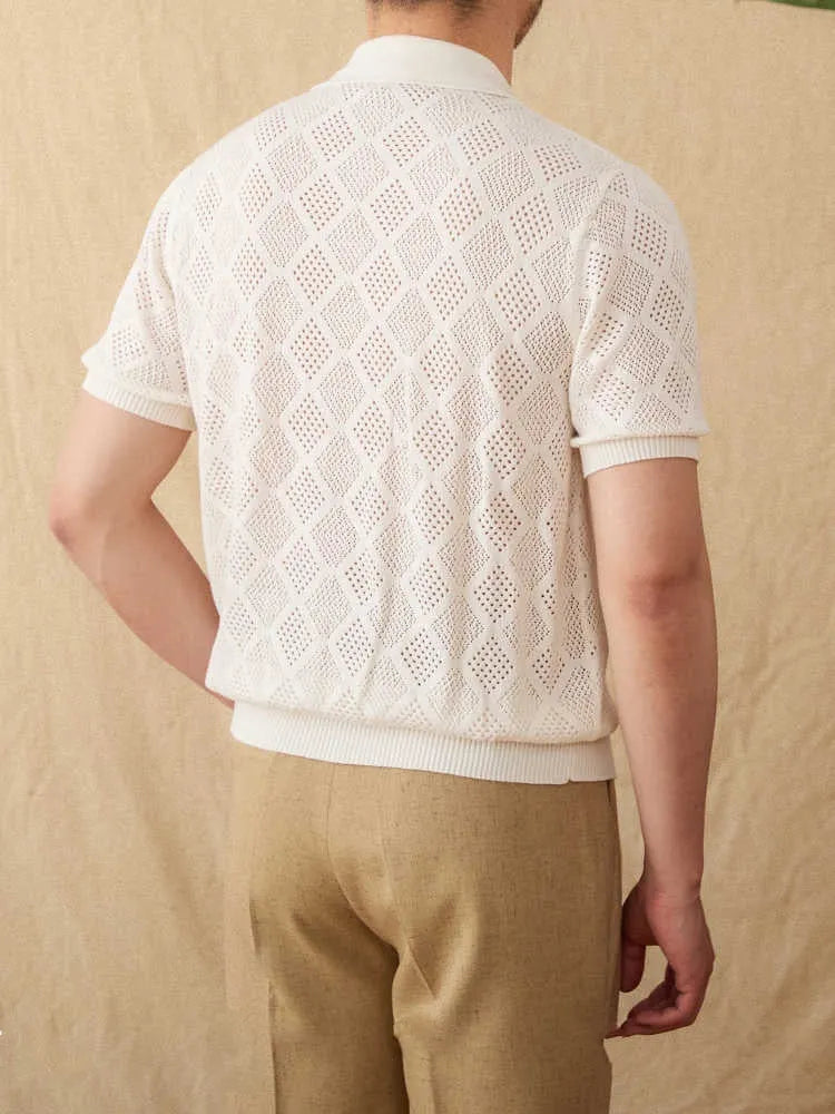 Cotton lapel cardigan top with short sleeves and zip closure in light brown colour