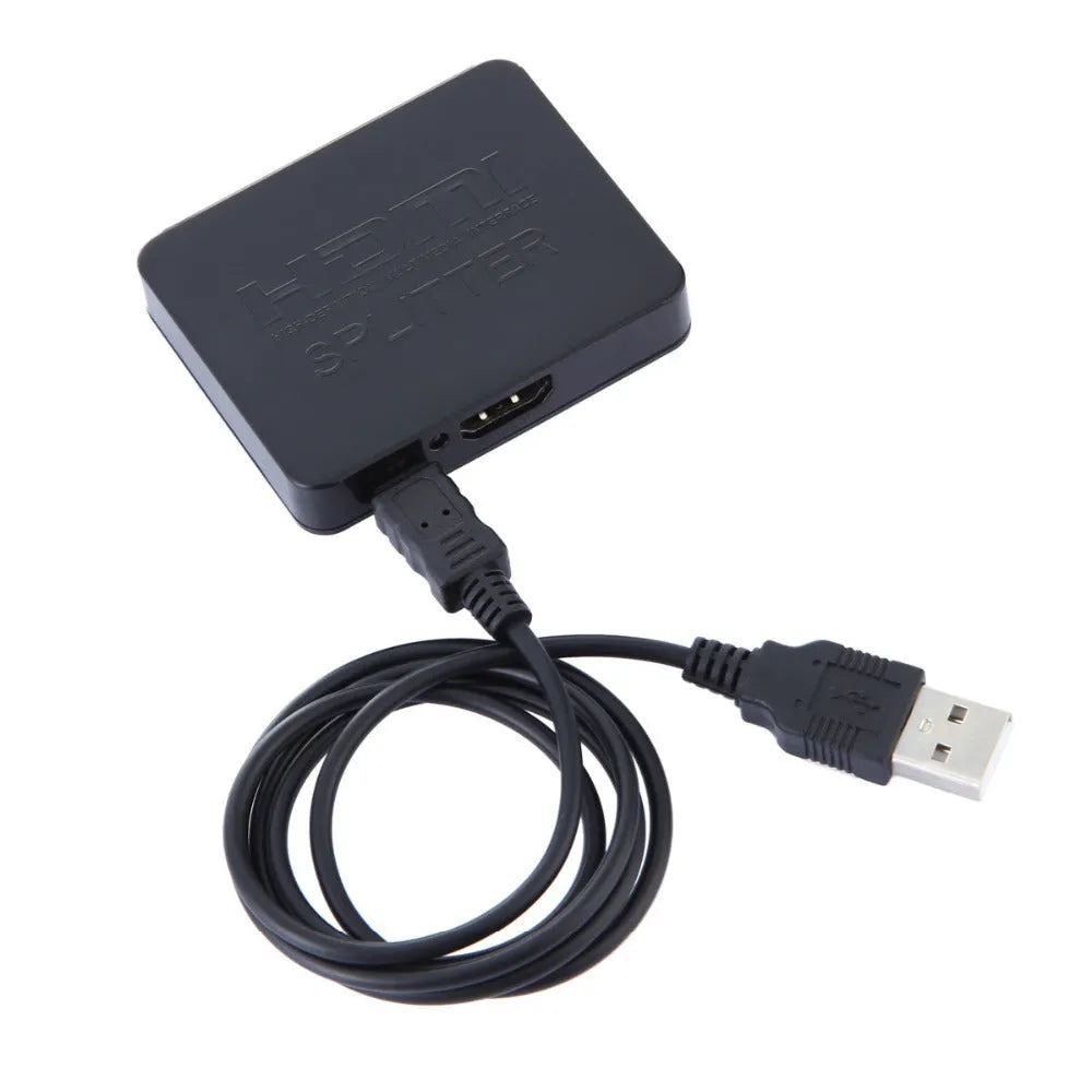 Mini HDMI splitter 1 input 2 output in black with HDMI ports and compact body for dual display sharing