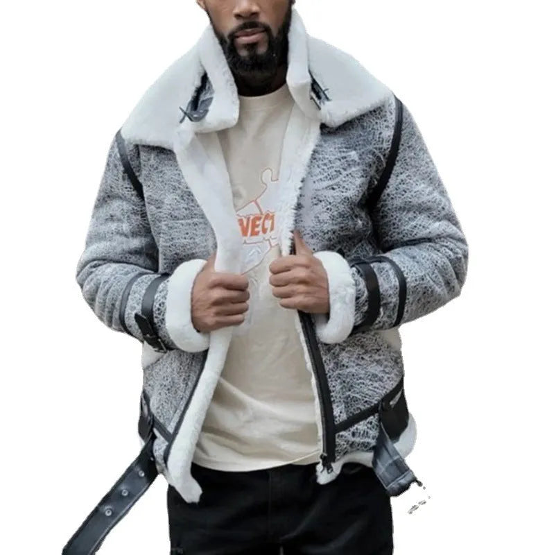 Men's grey padded jacket with large faux fur collar, zip front, and loose fit, sizes S to 5XL