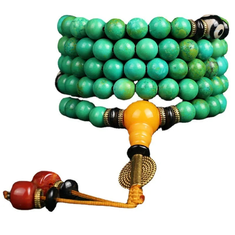 108 polished natural turquoise beads arranged for bracelet making with 8mm round sizing